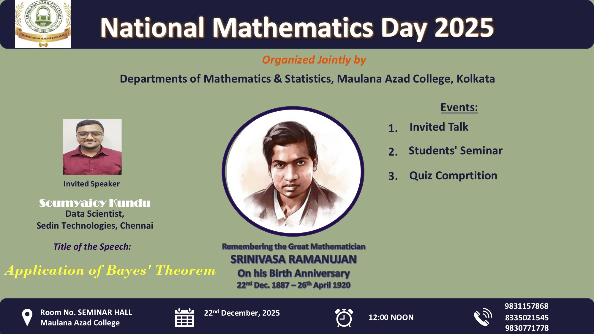National Mathematics Day 2025 - Remembering the Great Mathematician
SRINIVASA RAMANUJAN